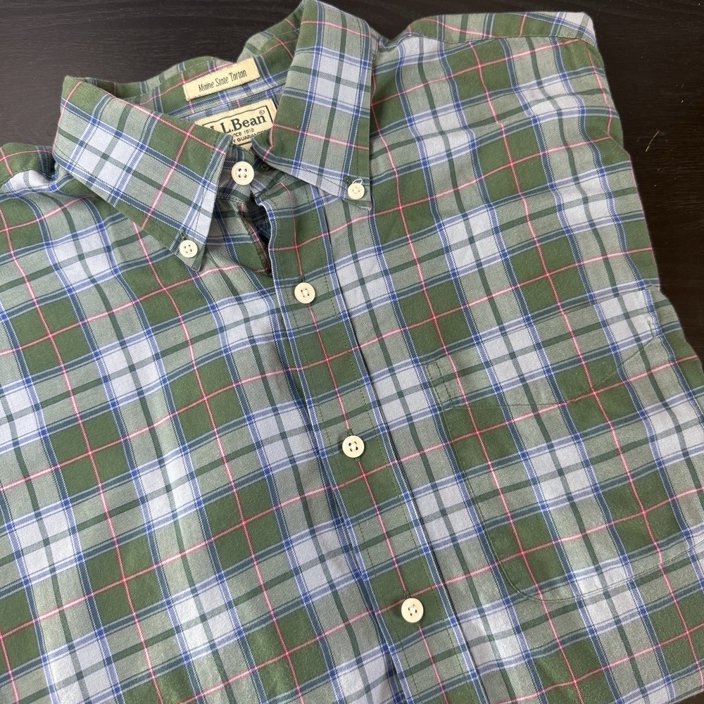 Vintage LL Bean Shirt Mens LTall Maine State Tartan Plaid Blue Green Lightweight